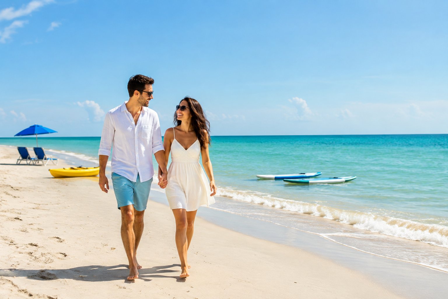 A newlywed couple walks hand in hand along a sunny sandy beach beside calm turquoise water, with kayaks and lounge chairs nearby.