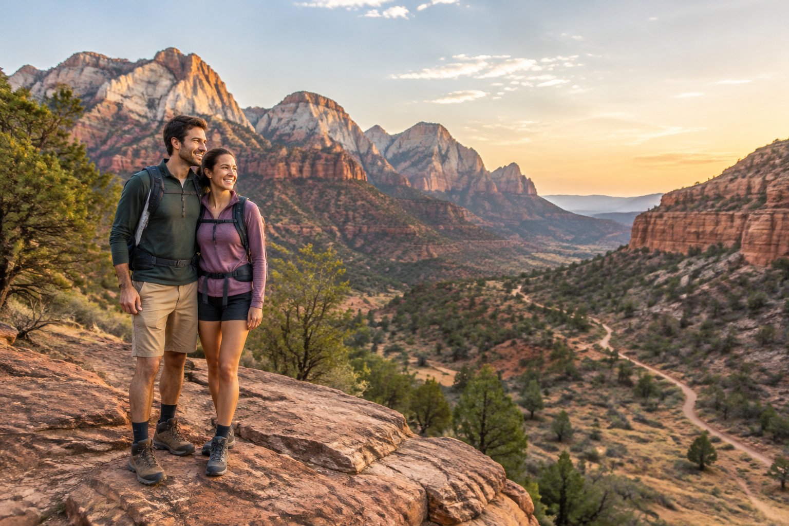 A couple in hiking clothes embraces at a scenic overlook surrounded by red-rock desert cliffs and mountain peaks.