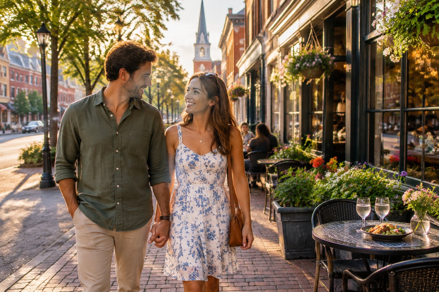 A newlywed couple walks hand in hand through a historic downtown street near outdoor cafés and restaurants.