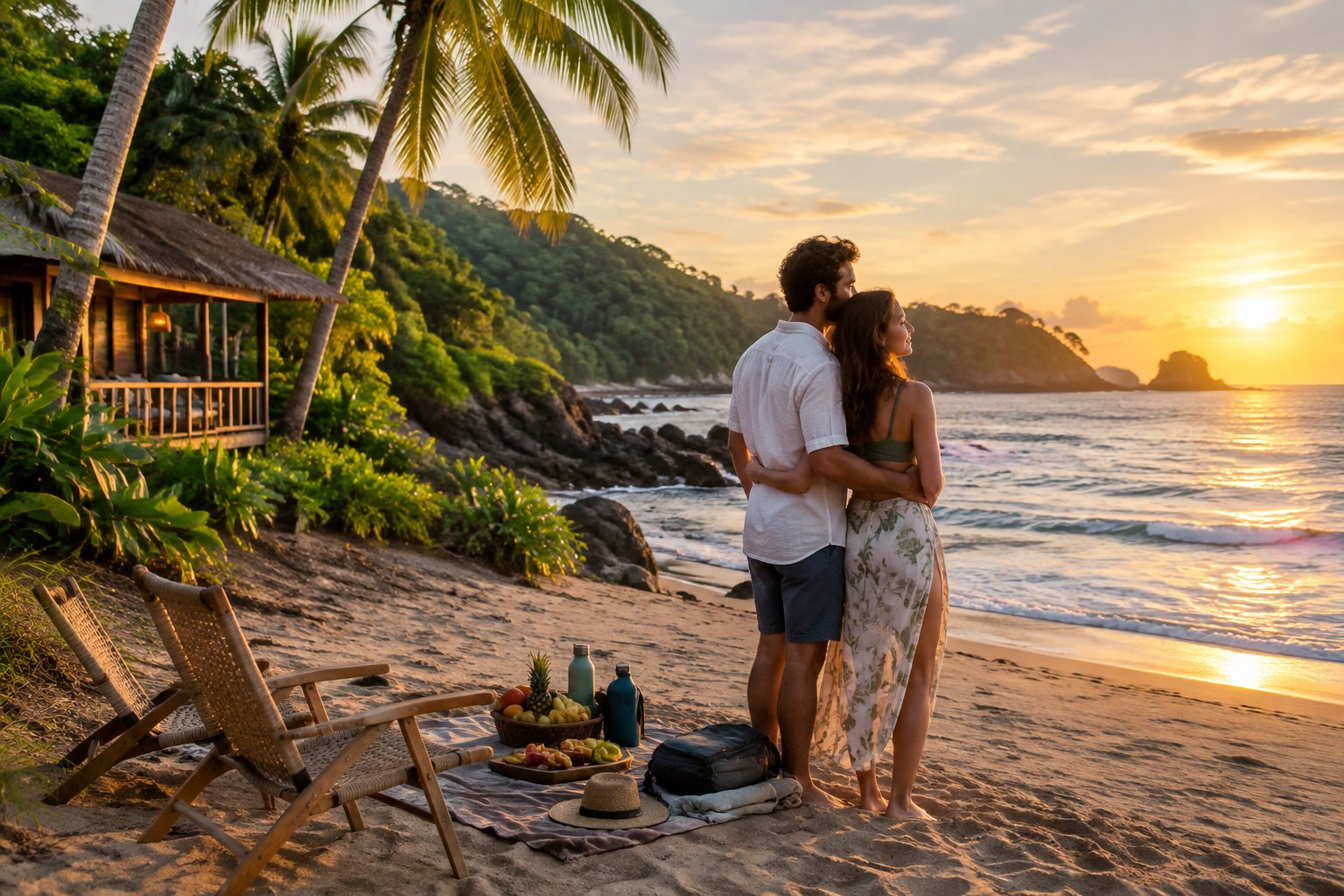 Newlywed couple embracing on a tropical Costa Rican beach beside a modest eco-lodge at sunset.