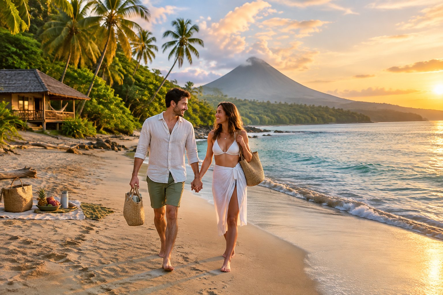 Newlywed couple walking hand in hand along a tropical Costa Rican beach with rainforest and hills behind them.