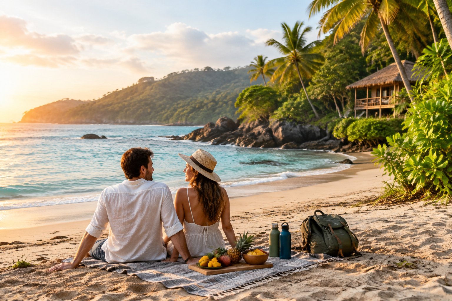 A newlywed couple enjoys a simple romantic picnic beside a tropical Costa Rican beach.