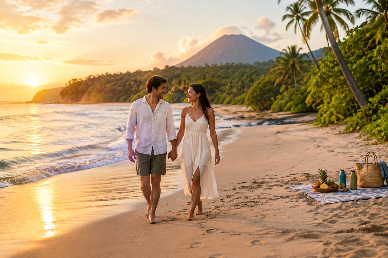 A newlywed couple walks hand in hand along a tropical beach with a simple picnic.