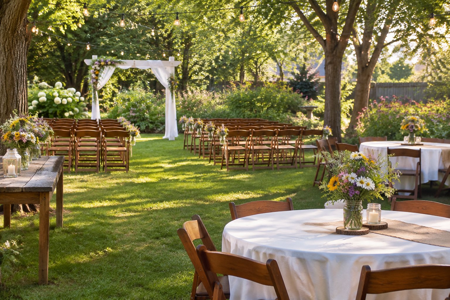 A modest garden wedding venue with a white arch, wooden chairs, seasonal flowers, and string lights.