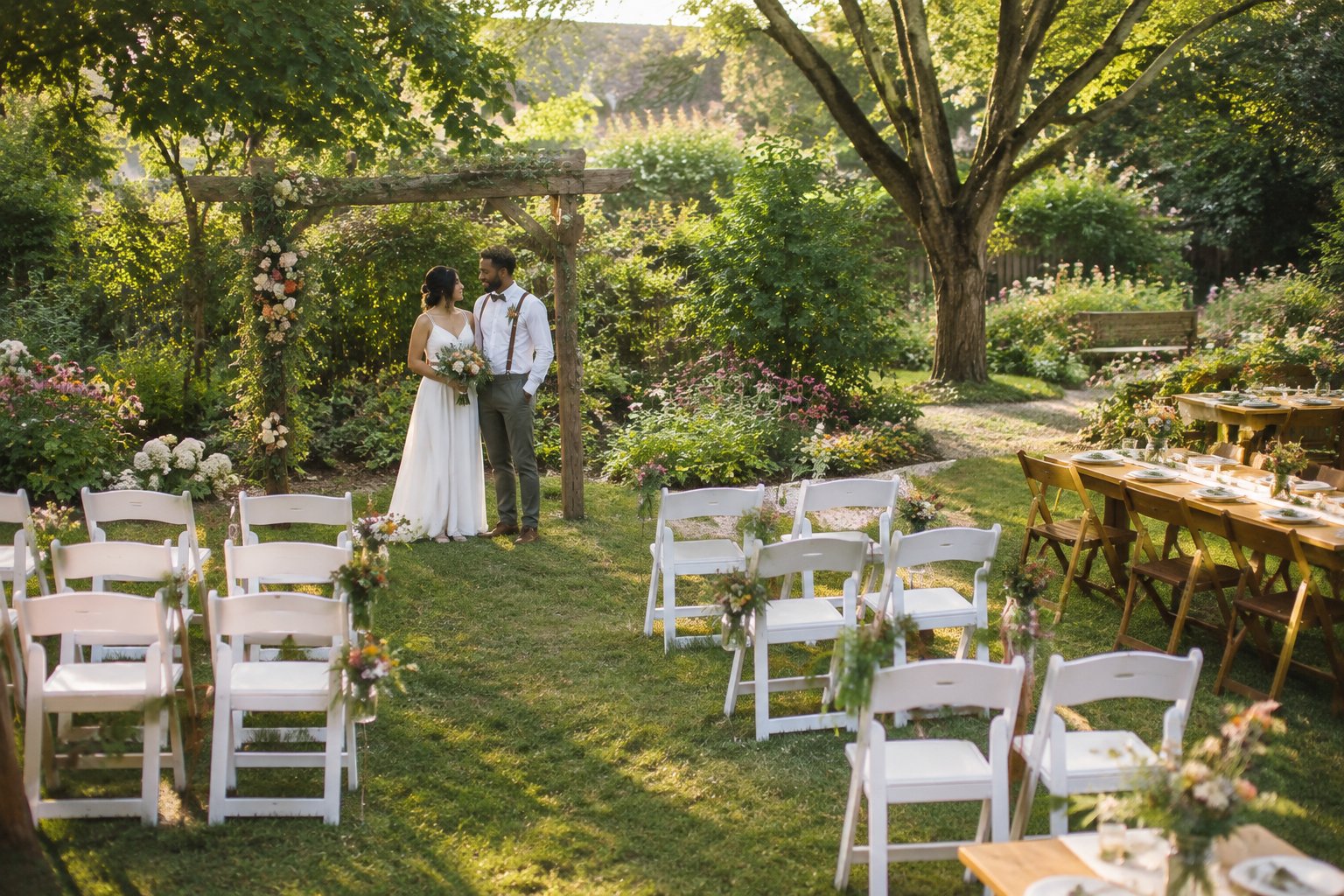 A couple stands beneath a simple floral arch at an intimate garden wedding with modest seating and reception tables.