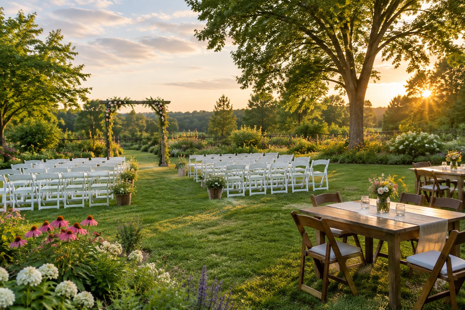 A modest garden wedding venue with a flower-covered arch, white chairs, and simple decorated tables.