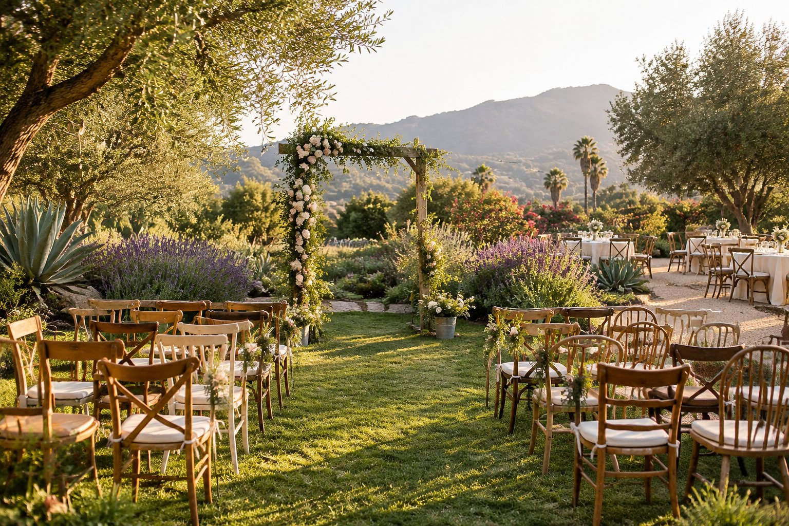 A simple outdoor wedding ceremony setup in a sunny California garden with wooden chairs, a floral arbor, and drought-tolerant plants.