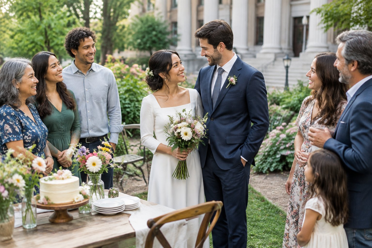 Newlywed couple celebrating with family and friends at a simple garden reception near a civic building.