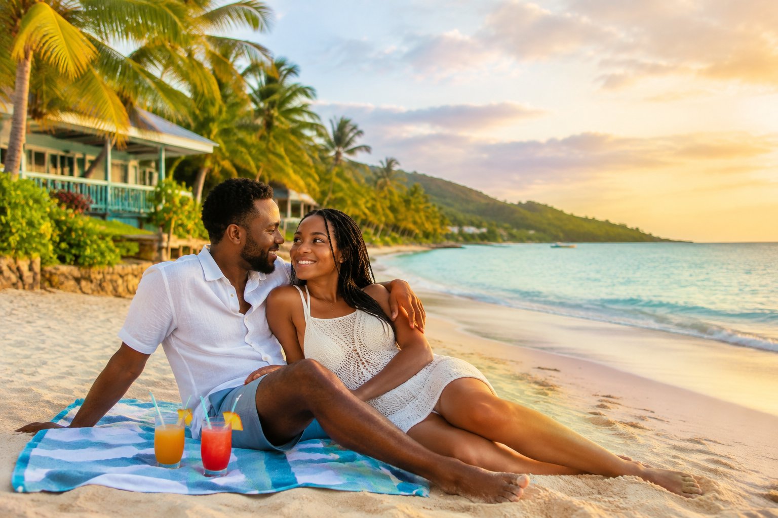 A newlywed couple relaxing on a tropical Jamaican beach near a modest beachfront accommodation.