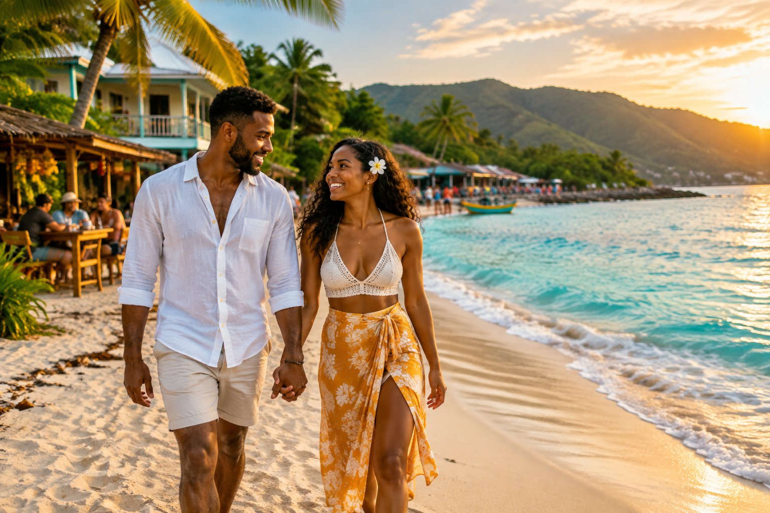 A newlywed couple walks hand in hand along a tropical Jamaican beach near a modest beachfront guesthouse.