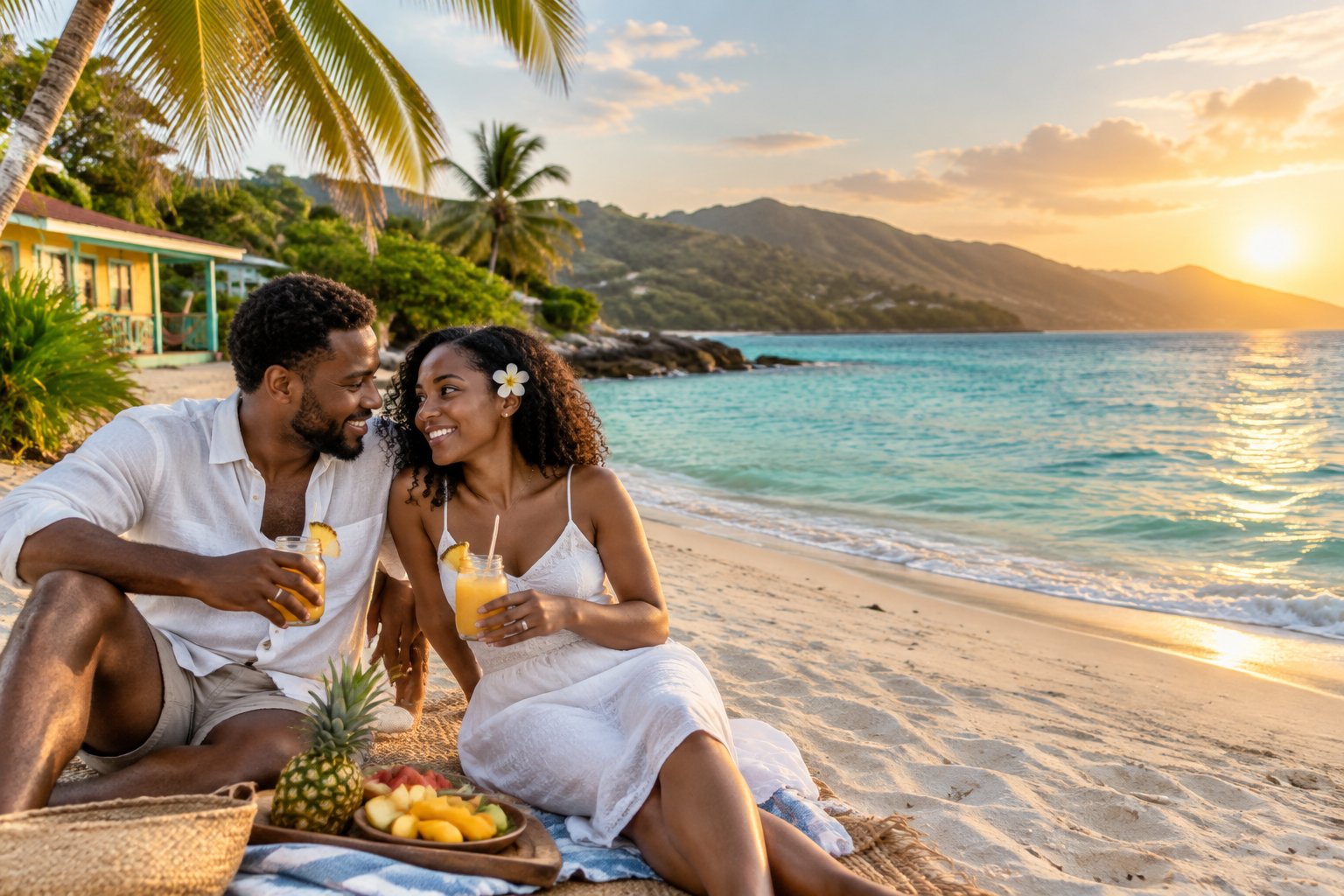 Newlywed couple relaxing on a tropical Jamaican beach near a modest seaside accommodation.