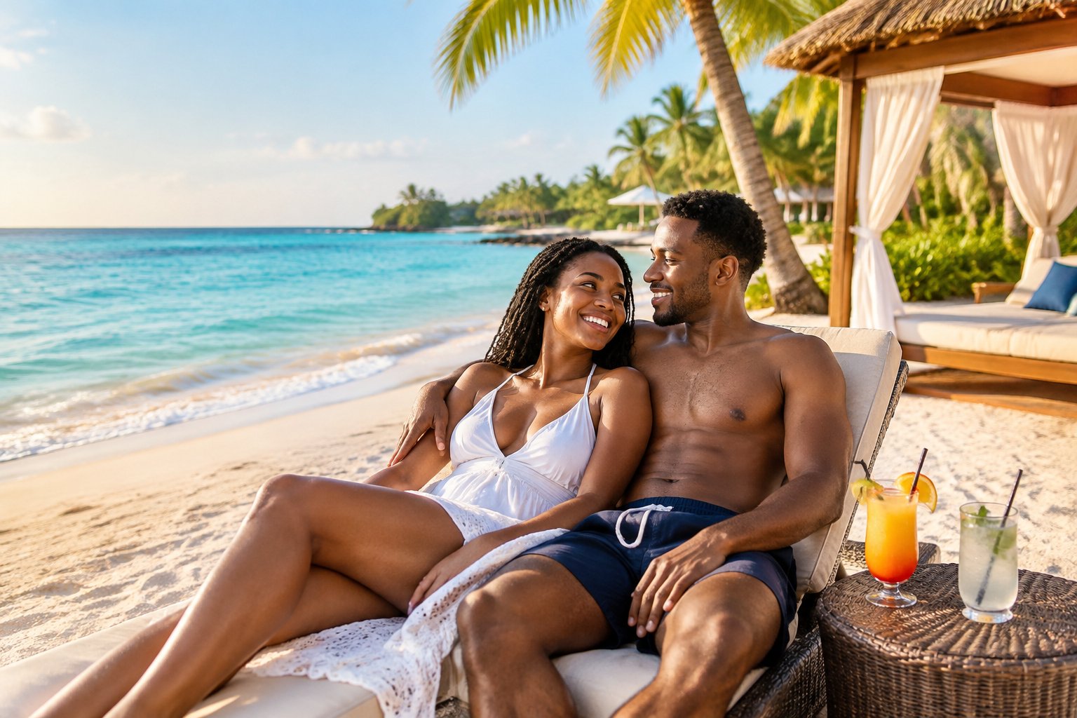 A newlywed couple relaxing together on a sunny Jamaican beach beside a tropical resort.
