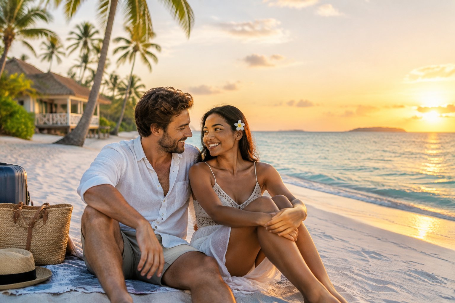 A newlywed couple relaxing together on a sunny tropical beach beside modest vacation lodging.