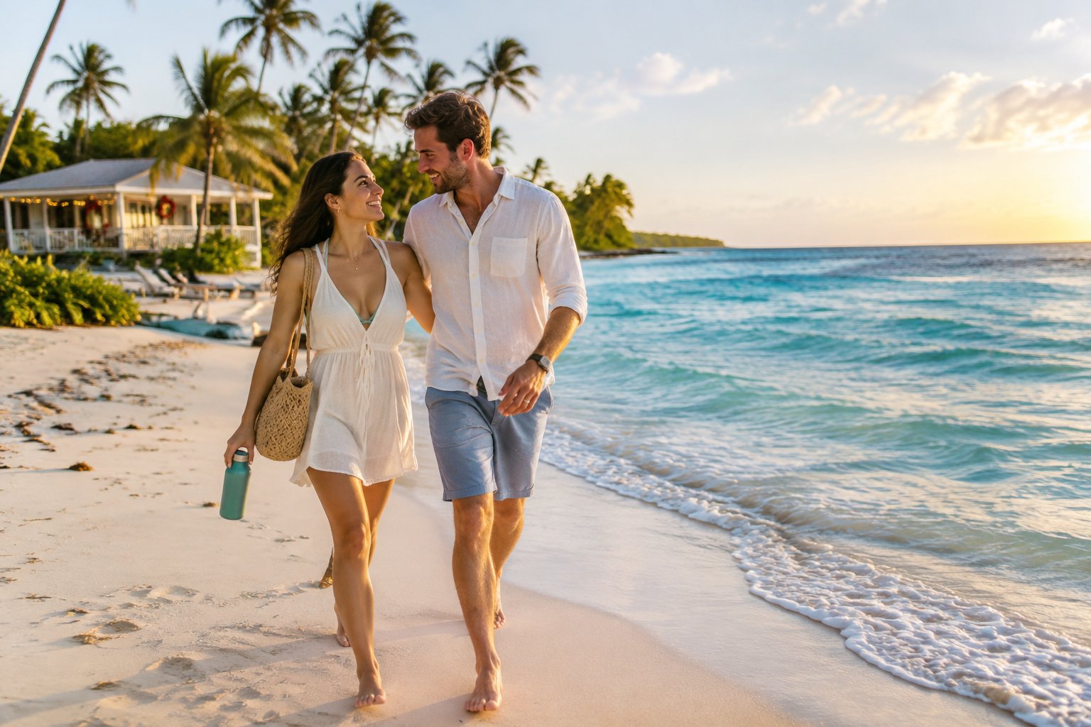 A newlywed couple walks together along a sunny tropical beach in December.