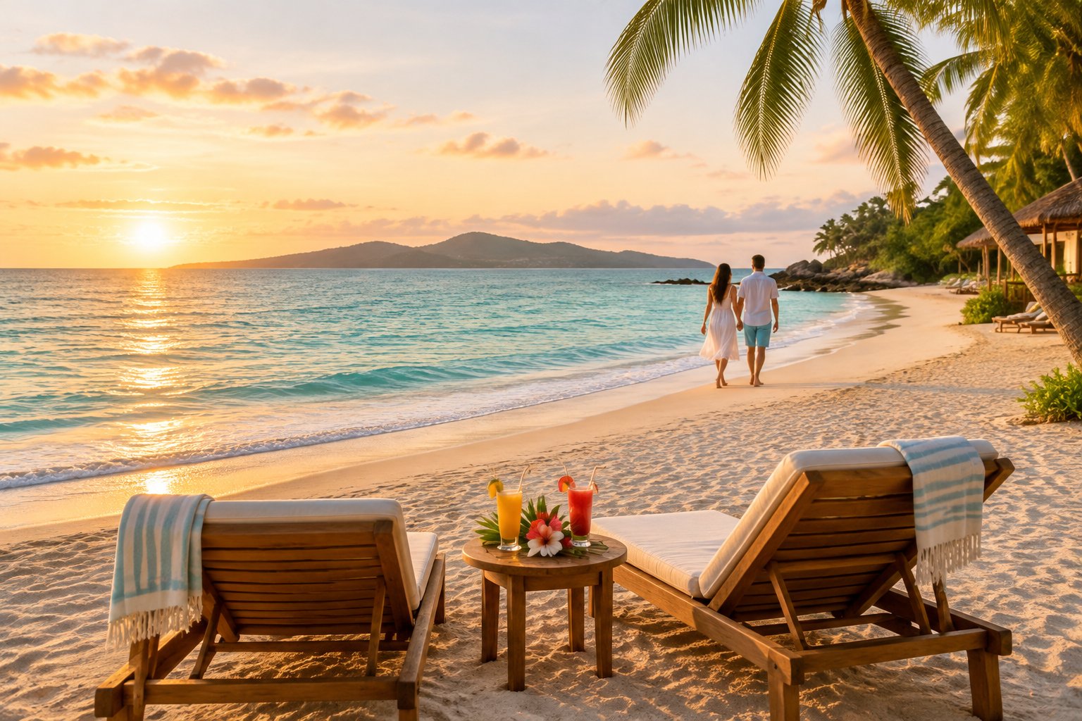 A couple walks along a sunny tropical beach near two lounge chairs and calm turquoise water.