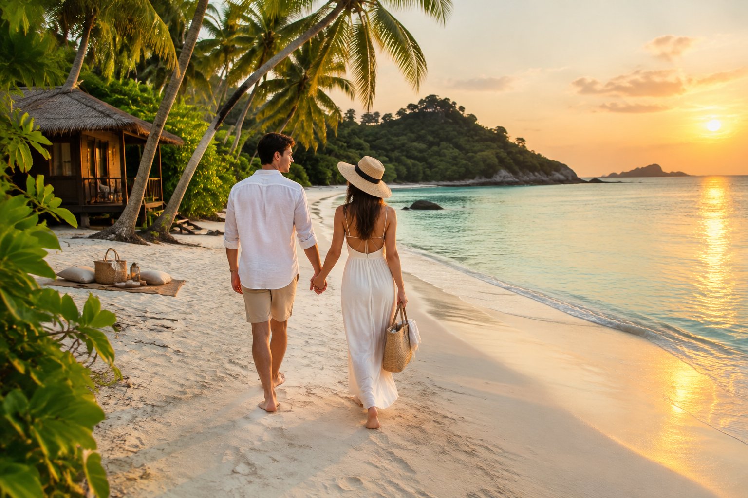 A newlywed couple walks hand in hand along a sunny tropical beach with palm trees and turquoise water.