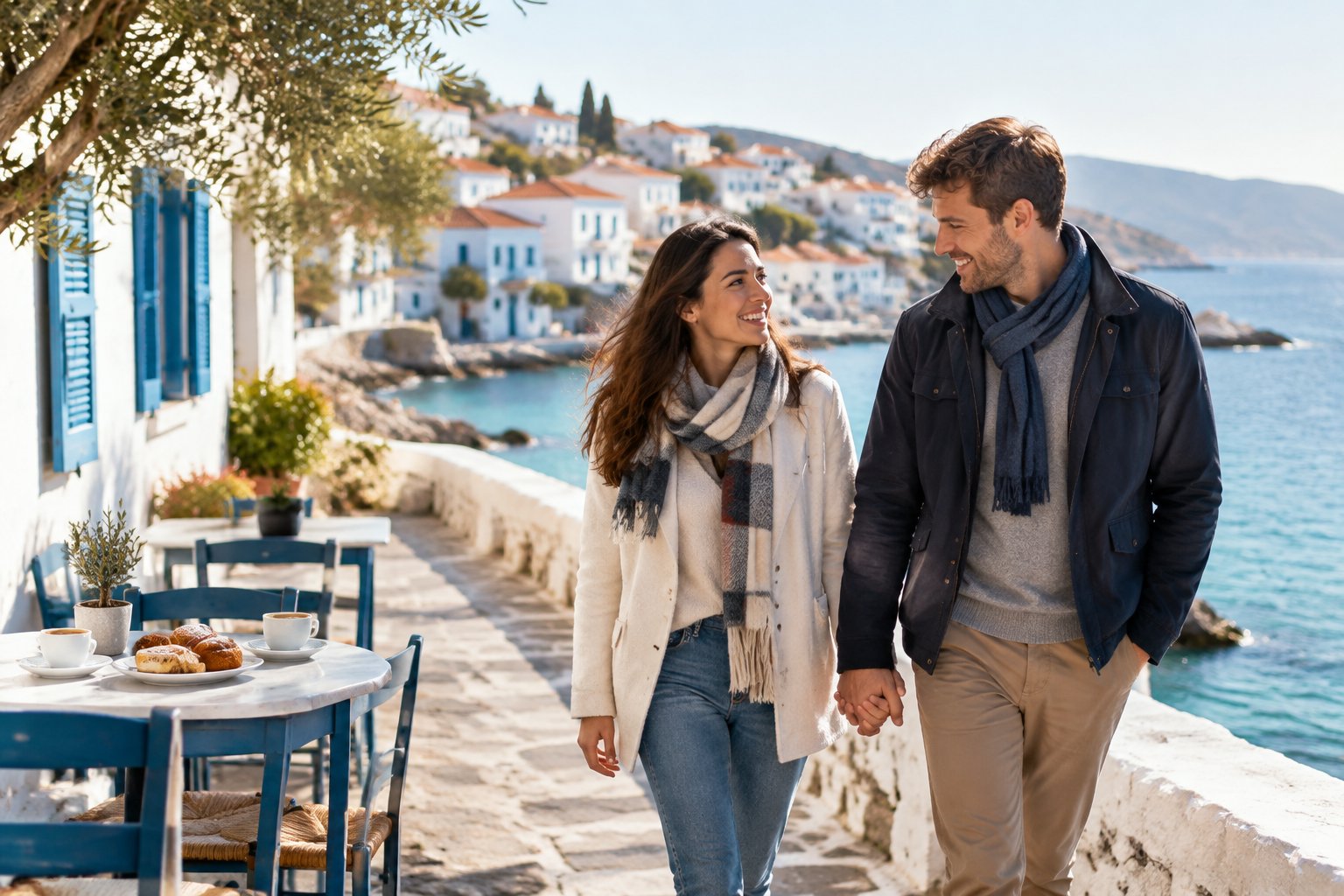A newlywed couple walks hand in hand through a sunny Mediterranean coastal village beside the sea.