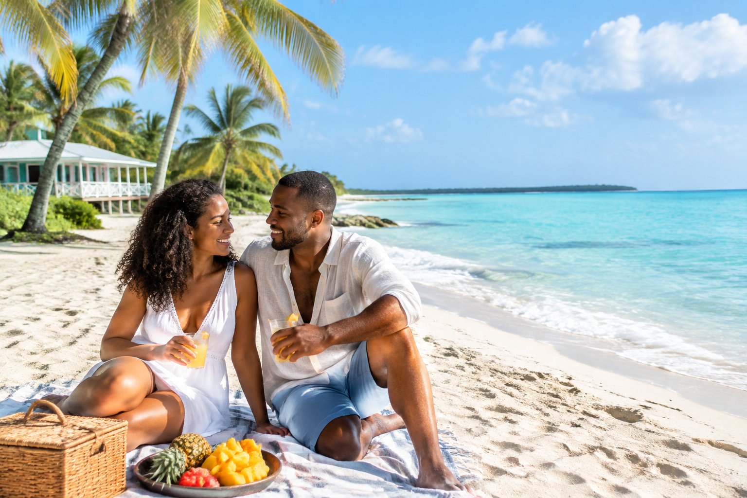 Newlywed couple relaxing together on a sunny Bahamian beach beside clear turquoise water and palm trees.