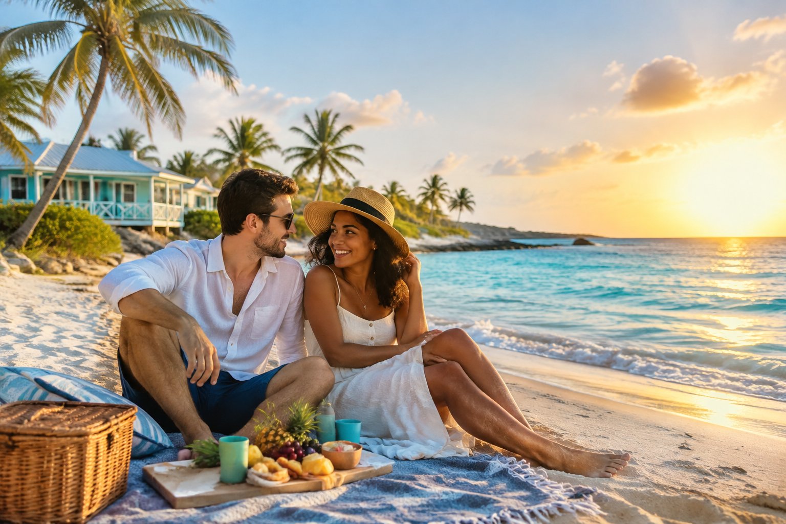 A newlywed couple relaxing on an uncrowded tropical beach in the Bahamas near a modest beachfront resort.