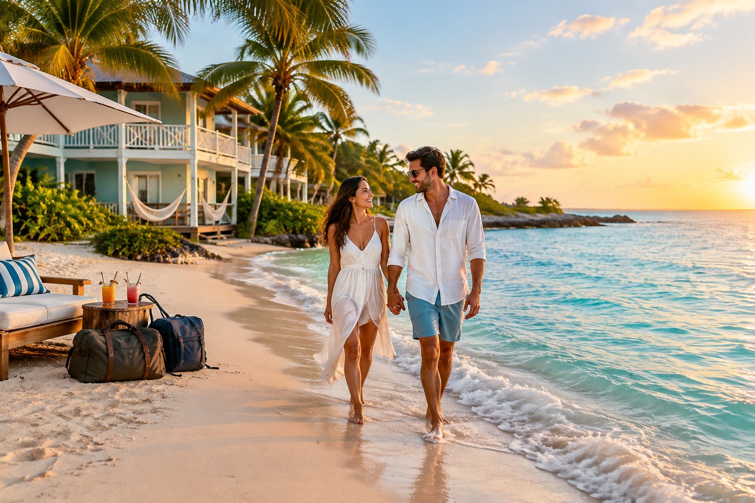 A newlywed couple walks along a tropical Bahamian beach near a modest beachfront guesthouse.