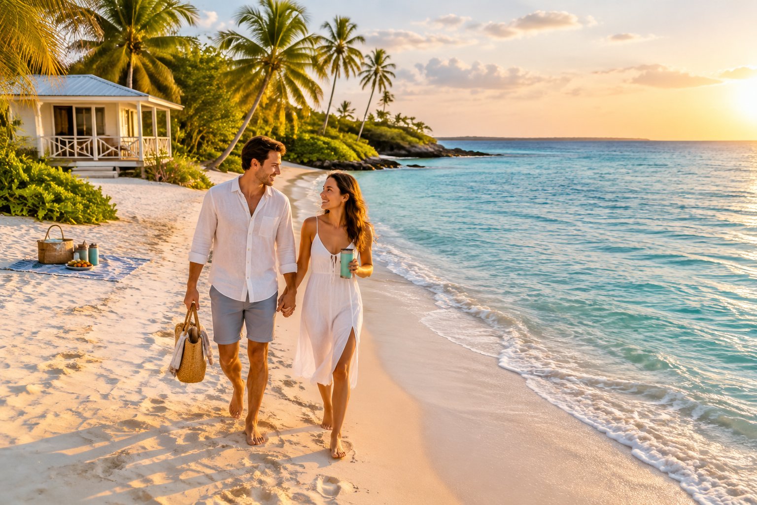 A newlywed couple walks hand in hand along a sunny tropical beach near a simple beachfront bungalow.