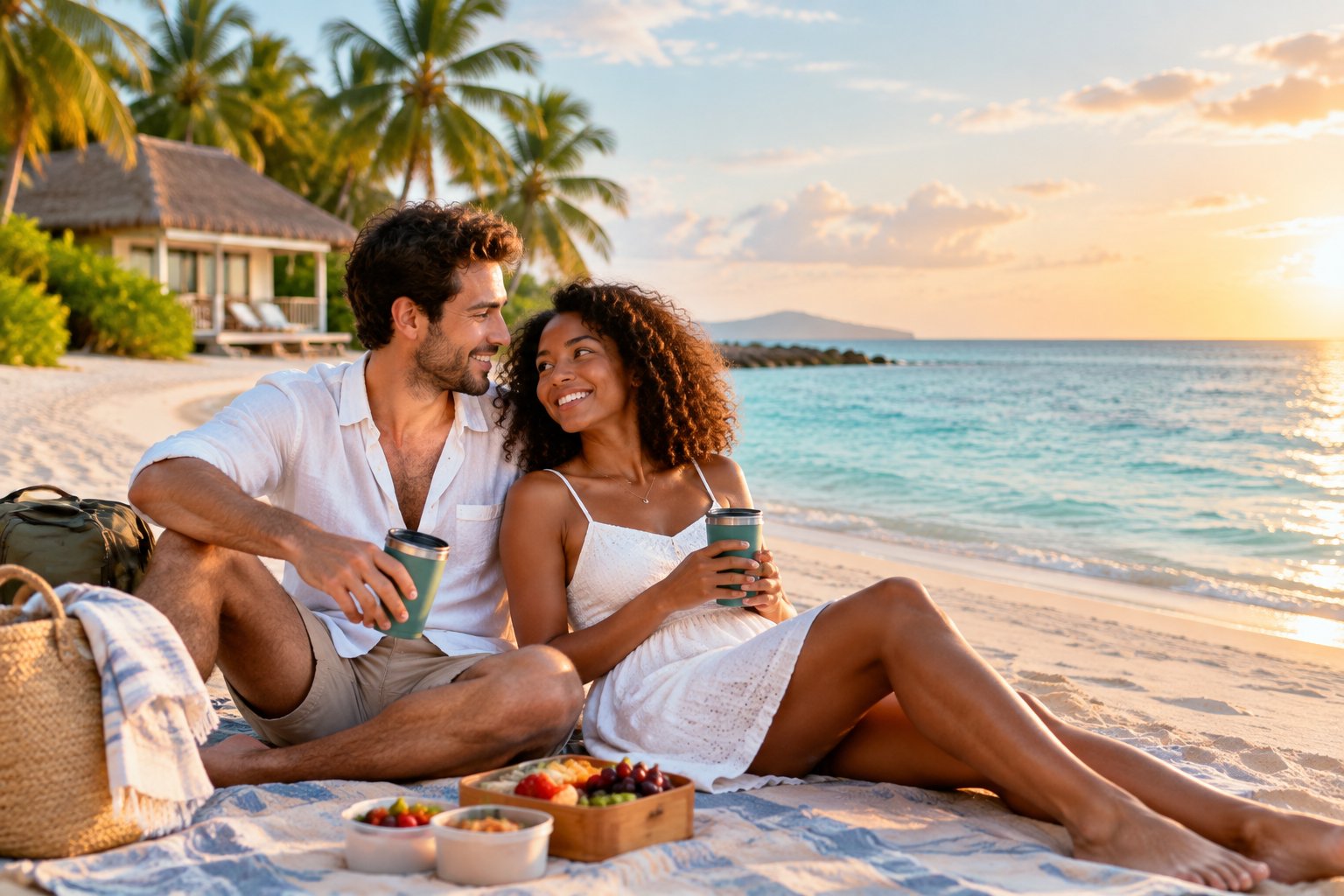 A newlywed couple relaxes together on a sunny tropical beach beside calm blue water.
