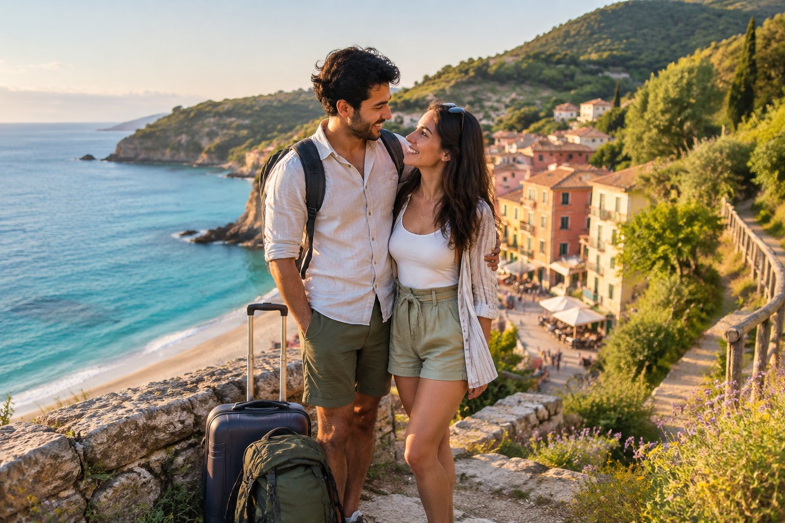 A couple stands together on a sunny coastal overlook with a beach, historic village, and green hills in the background.