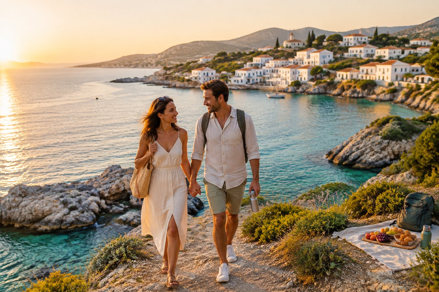 A newlywed couple walks hand in hand along a sunny Mediterranean island shoreline beside a whitewashed coastal village.
