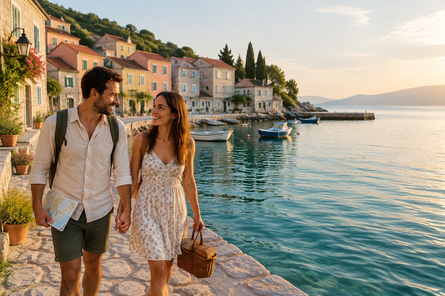 A newlywed couple walks hand in hand through a quiet European coastal village.