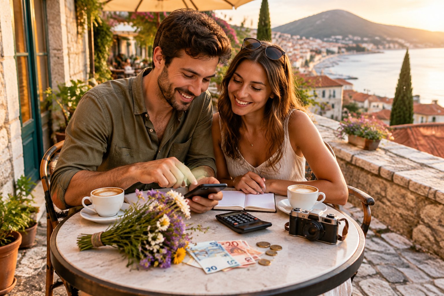 A newlywed couple plans their European honeymoon budget at an outdoor café.