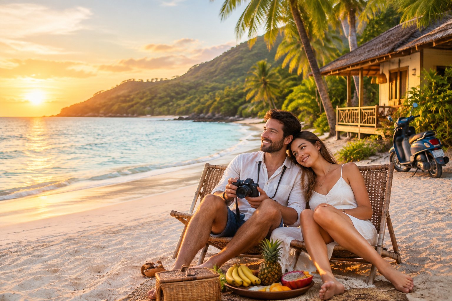 A newlywed couple relaxes on an affordable tropical beach beside a modest guesthouse at sunset.