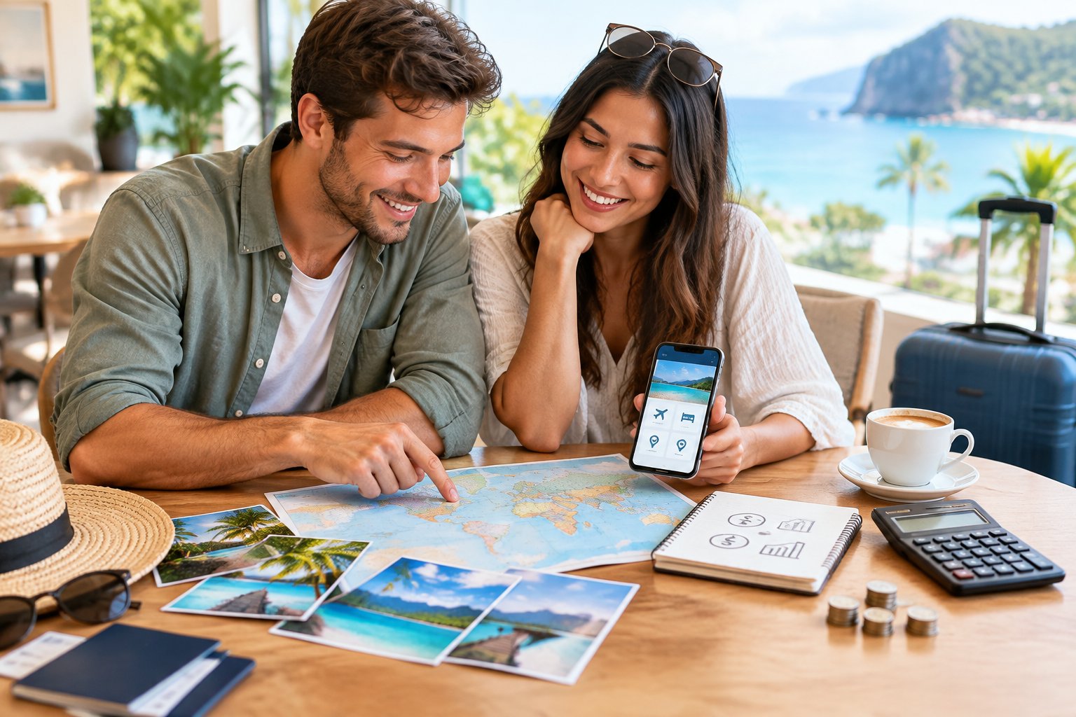 A newlywed couple compares travel plans, a map, and a budget while preparing for an affordable honeymoon.
