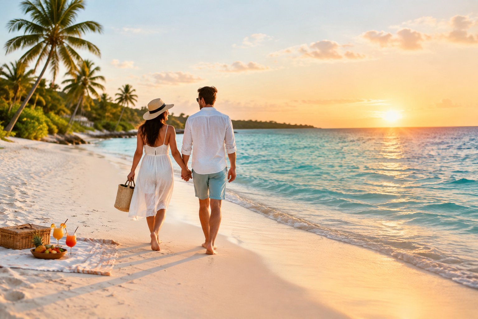 A couple walks barefoot along a tropical beach at sunset with drinks and a picnic nearby.