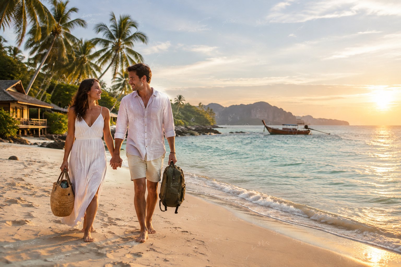A newlywed couple walks hand in hand along a tropical Asian beach at sunset.