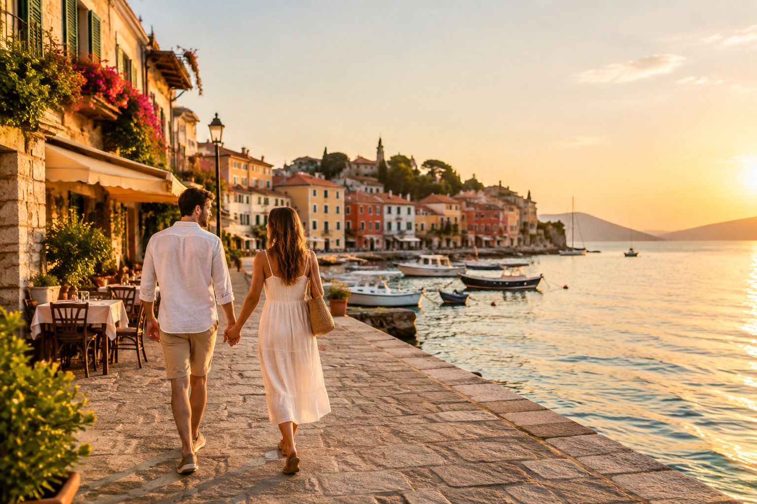 Newlywed couple walking hand in hand through a charming Mediterranean coastal town at sunset.