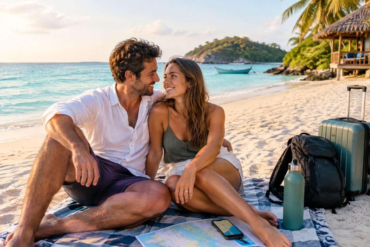 A newlywed couple enjoys a relaxing beach honeymoon with modest luggage and travel essentials.