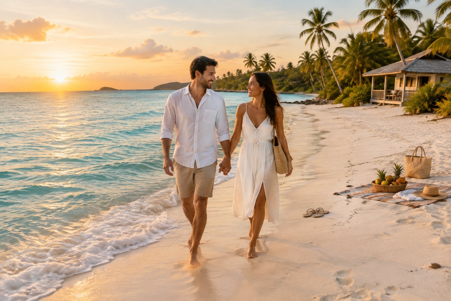 A newlywed couple walks hand in hand along a tropical beach beside a modest seaside bungalow.