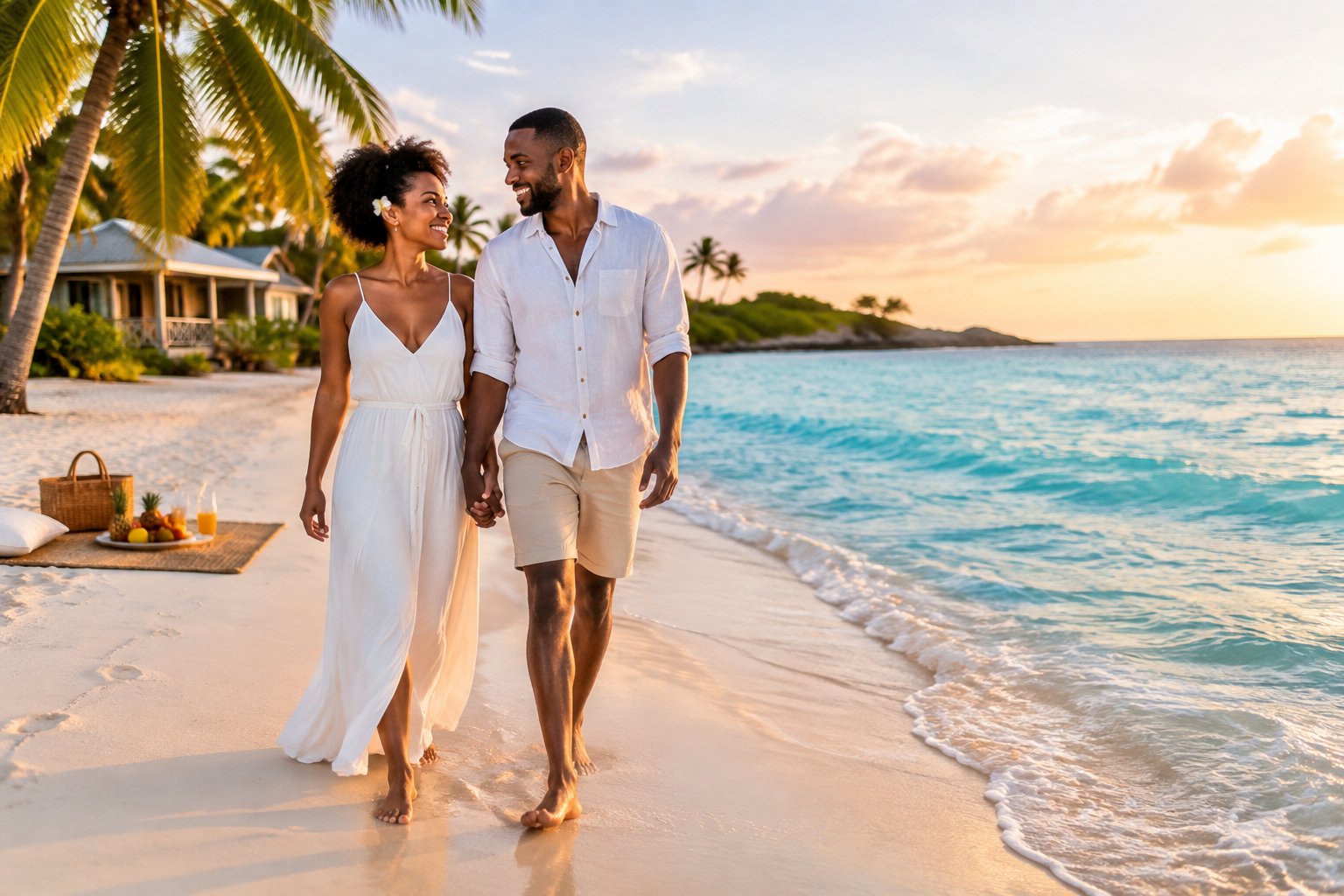 A Black newlywed couple enjoys a romantic walk on an affordable tropical beach.