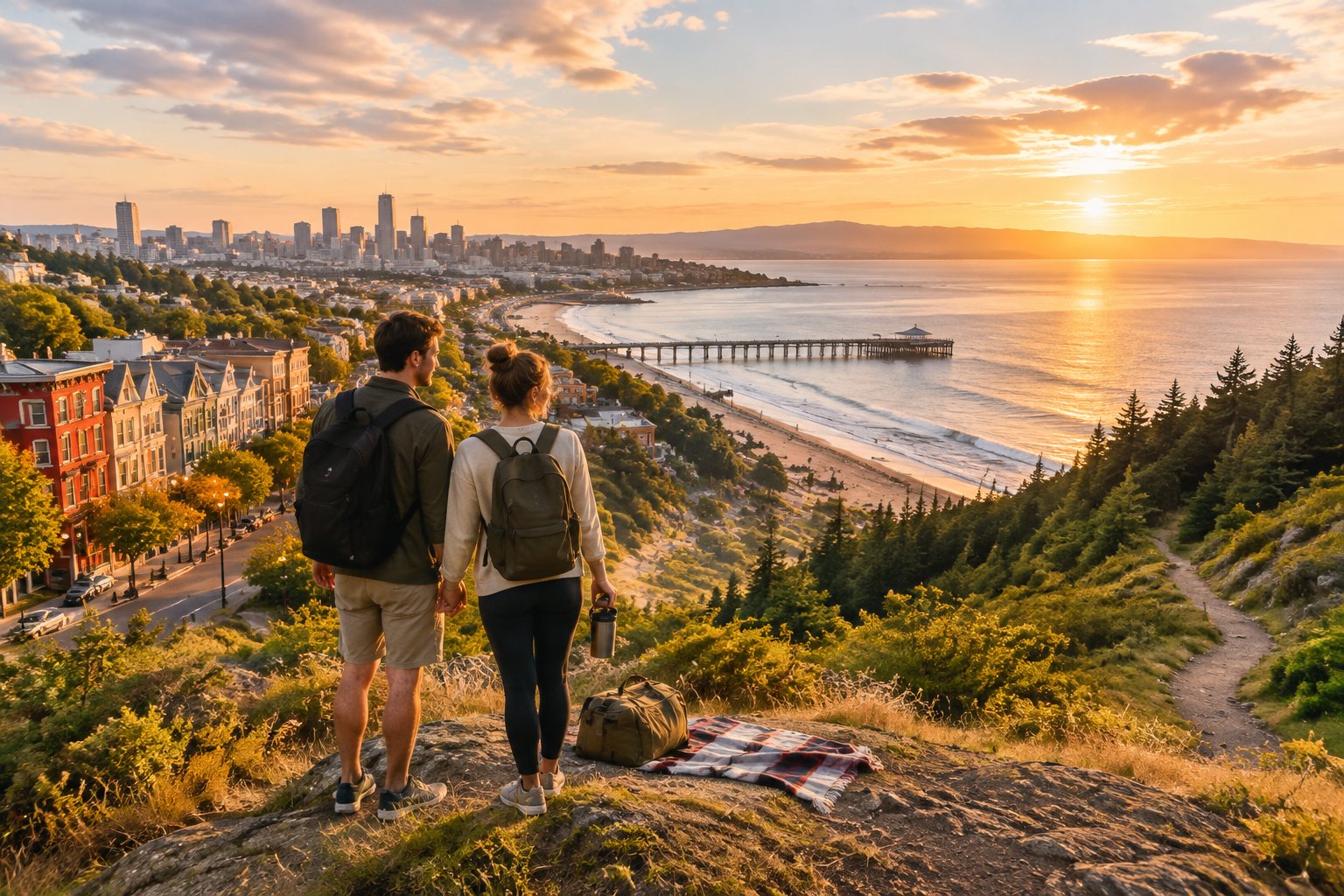 A couple holds hands while enjoying a scenic getaway combining a city, beach, and forest landscape.