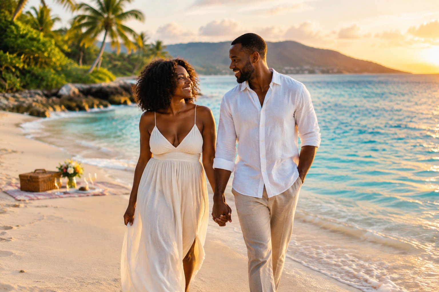 A Black newlywed couple walks hand in hand along a tropical beach beside a small romantic picnic.