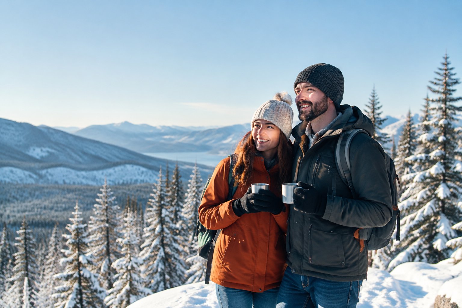 Newlywed couple enjoying a snowy mountain landscape surrounded by evergreen trees.