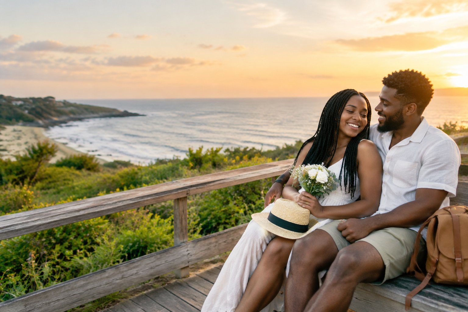 A Black newlywed couple enjoys a scenic coastal getaway together at sunset.