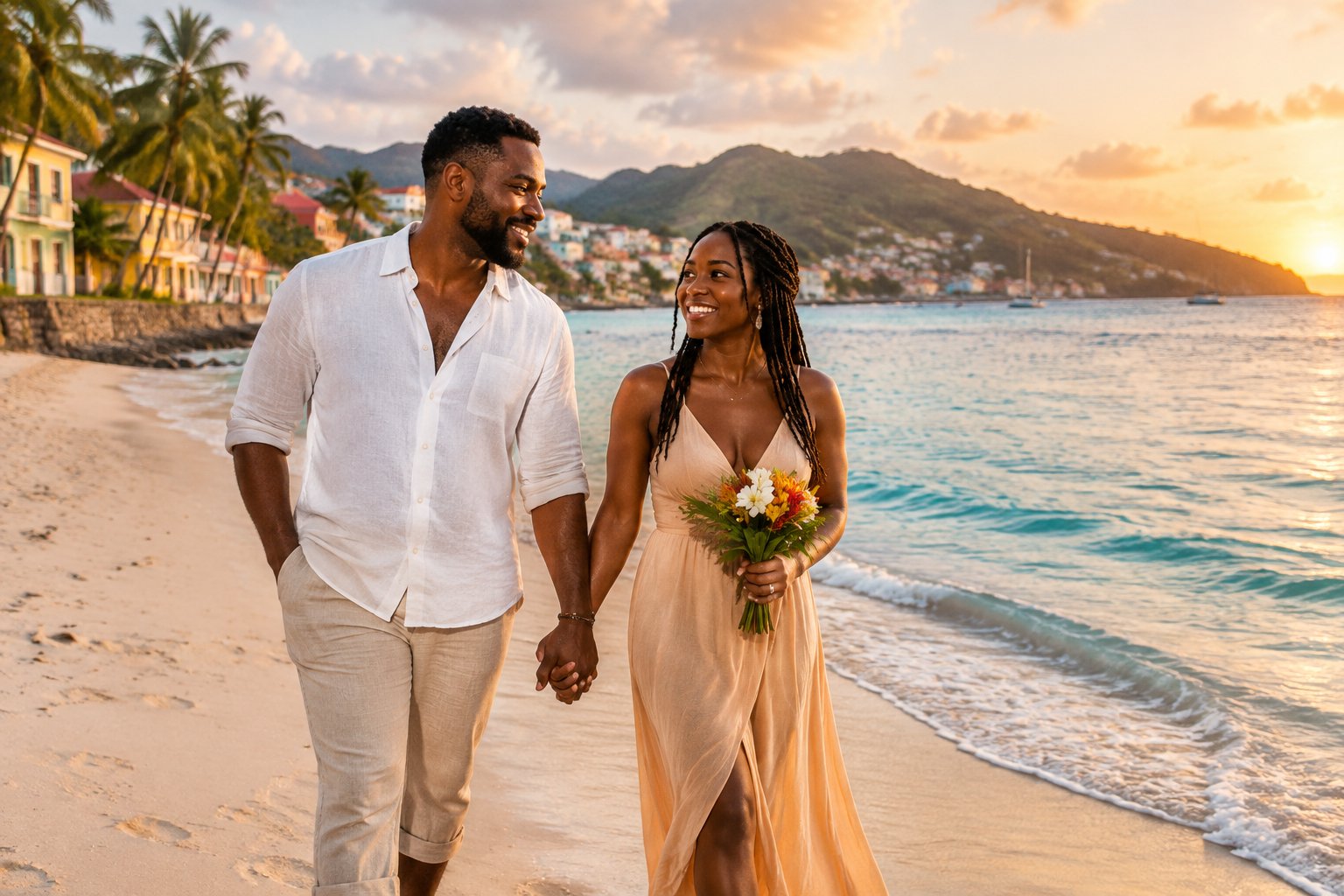 A Black newlywed couple walks hand in hand along a sunny tropical beach near a colorful coastal village.