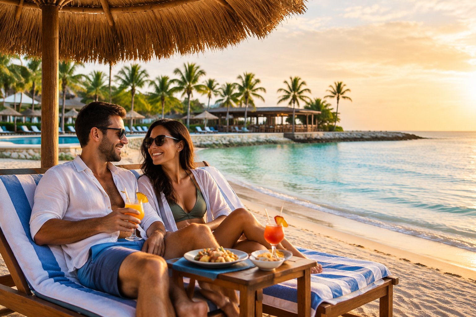 A newlywed couple relaxes together on a tropical beach at an all-inclusive resort.