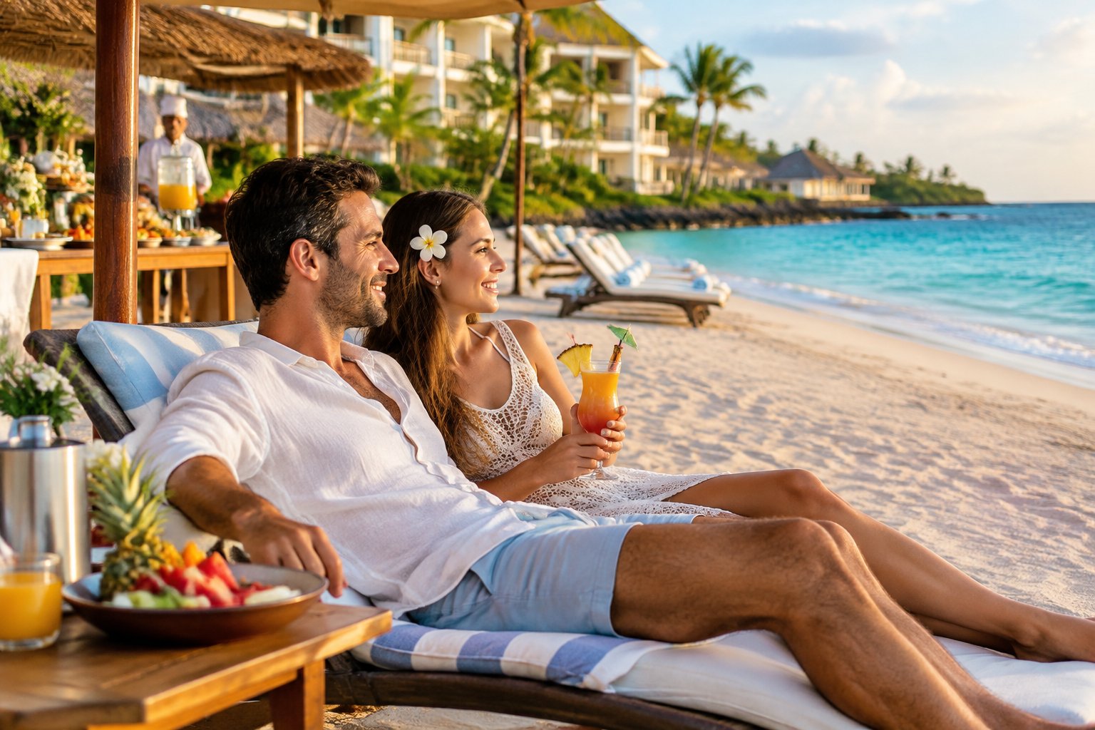 A newlywed couple relaxes on a tropical beach near an all-inclusive resort with dining and lounge amenities.
