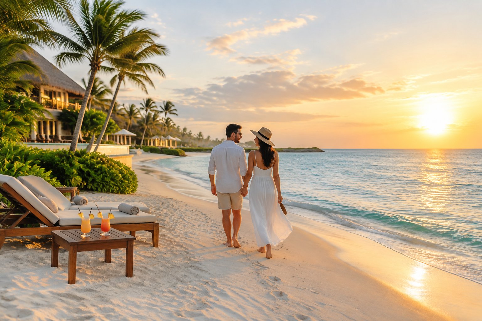 A newlywed couple walks along a tropical beach near an all-inclusive resort.