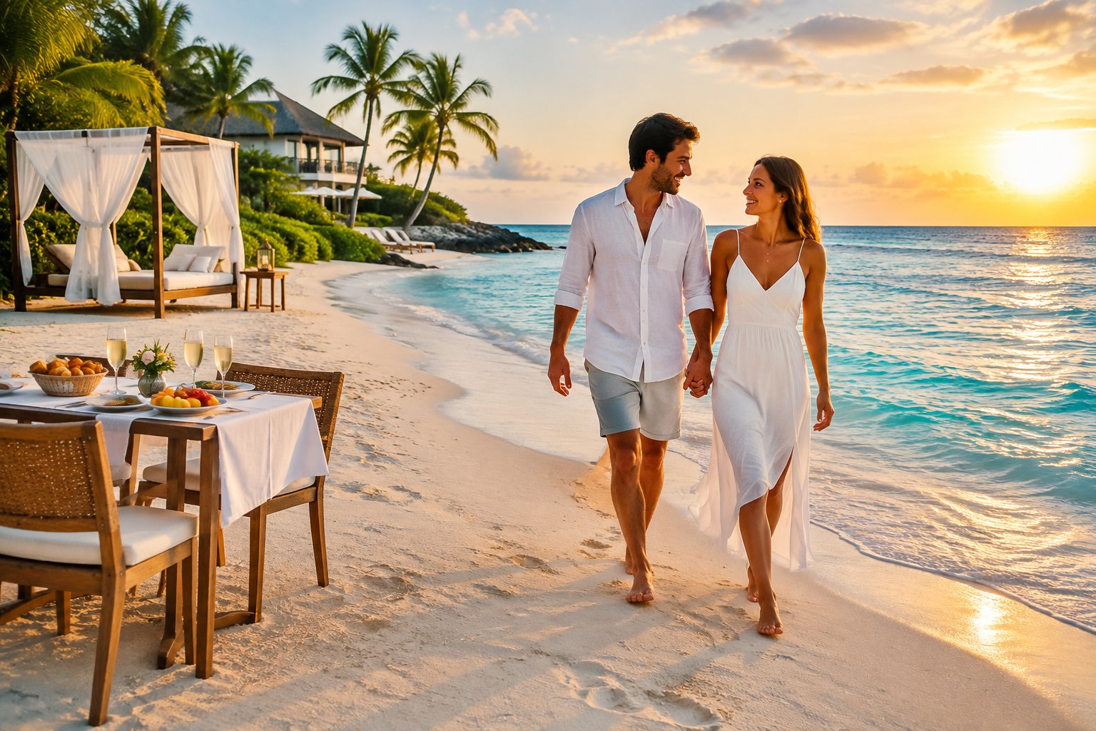 A newlywed couple walks along a tropical beach near a boutique resort with a breakfast table set for two.