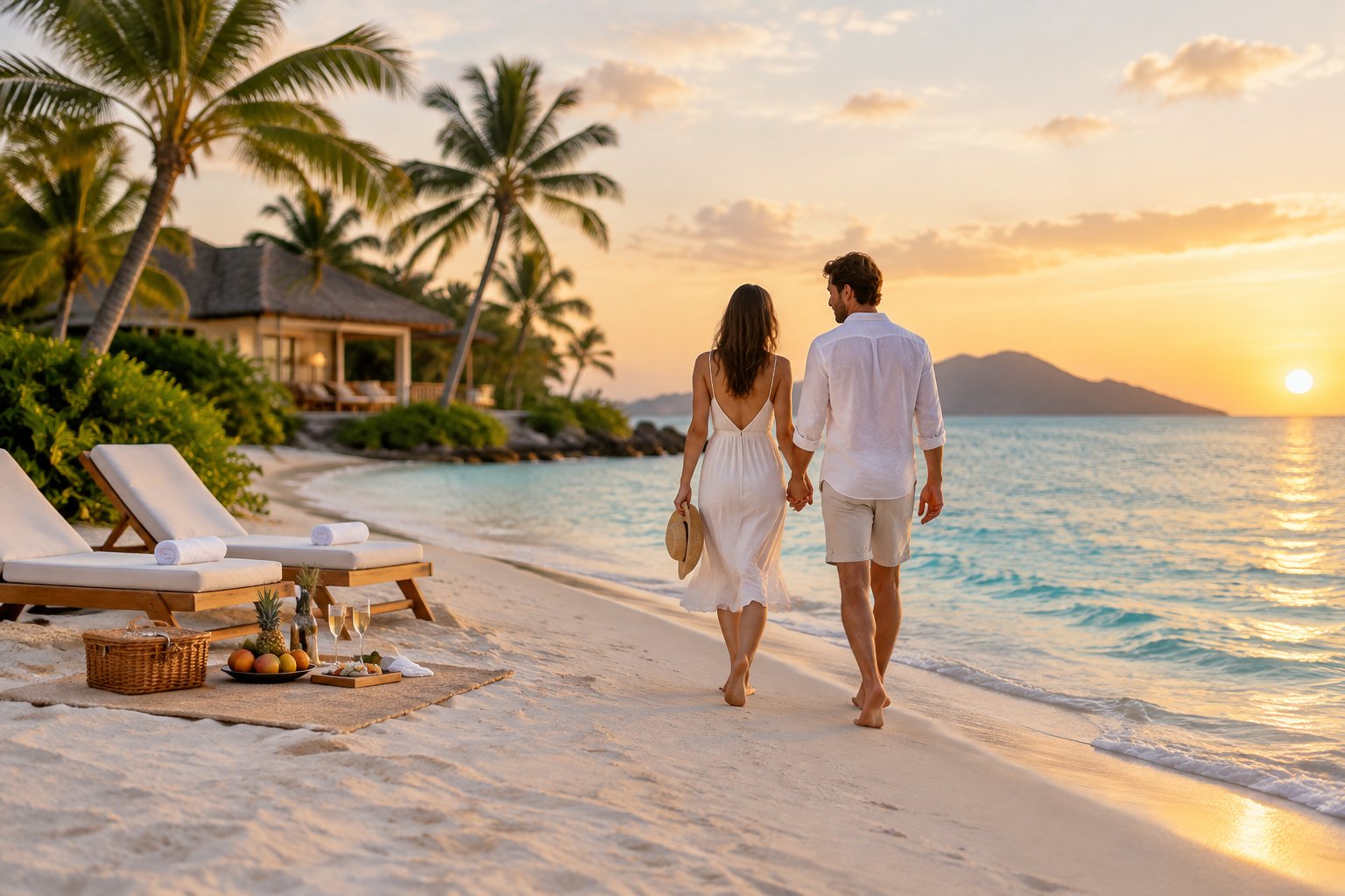 A couple walks along a tropical beach near a comfortable beachfront resort at sunset.