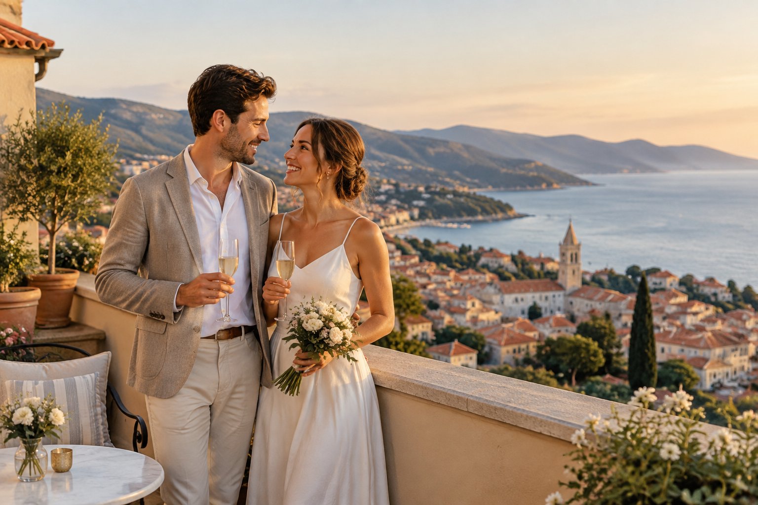 A newlywed couple enjoys a romantic view from a terrace overlooking a European coastal village.