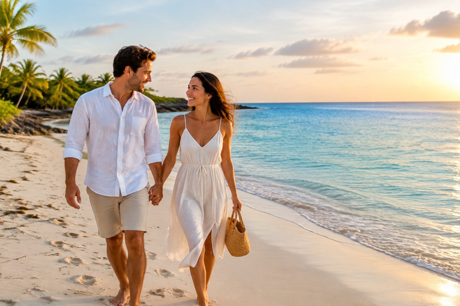 A newlywed couple walks hand in hand along a sunny tropical beach.